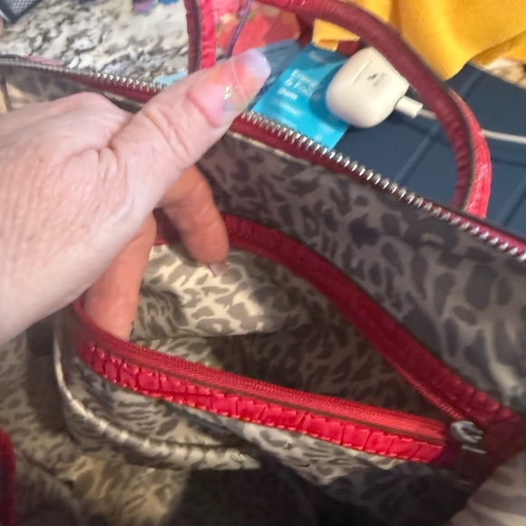 GUESS Hot Pink Croc-Embossed Satchel with Leopard Stripe - Picture 7 of 9